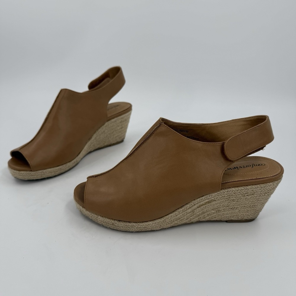 Comfortview Women's 11M Tan Peep Toe Espadrille Wedge Slingback Sandals